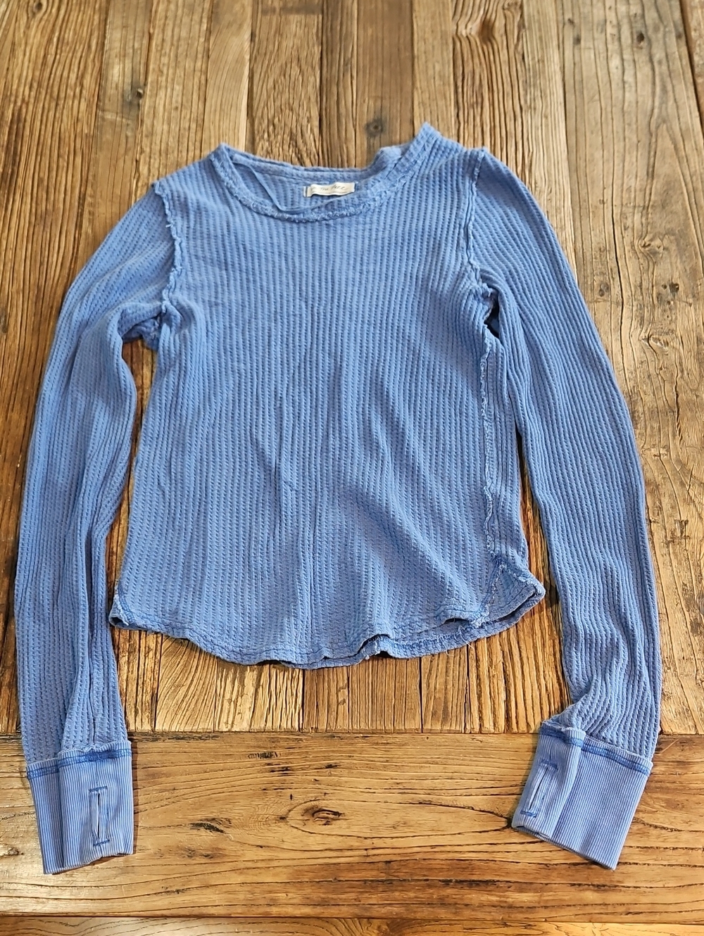Free People We The Free Waffle-Knit Long Sleeve Top Blue 100% Cotton Large